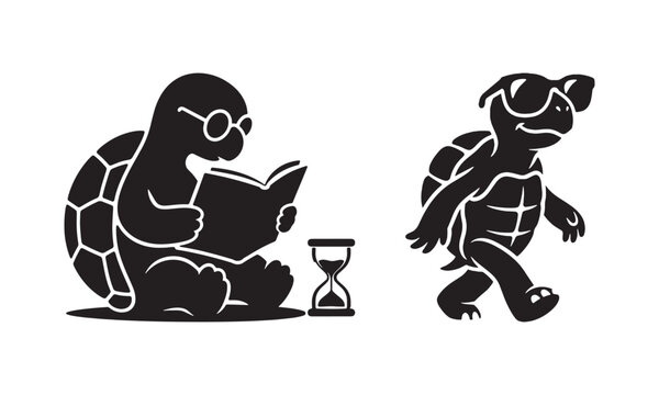 Cute Wise and Ninja Turtle Character Silhouette Vector Illustration Set