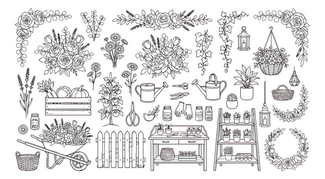 Hand drawn garden icons set, vintage botanical line art illustrations, rustic gardening tools and floral elements vector, black and white sketch