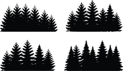Obraz premium Evergreen tree silhouette collection featuring pine and fir forest clusters for creative design, illustration, and environmental artwork projects