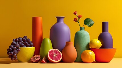 A colorful still life arrangement of vases and fruit on a yellow background © Honey