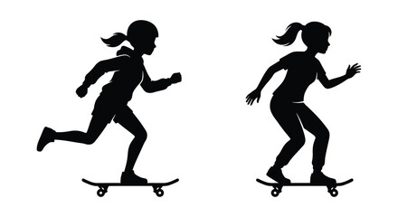 Two girls skateboarding with helmets side view black silhouette © Rakib