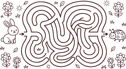 Challenging heart shaped maze for bunny to reach ladybug with flowers and sun elements. © Sadhin