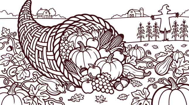 Harvest cornucopia overflowing with pumpkins apples corn squash fruits and autumn leaves in a farm landscape setting.