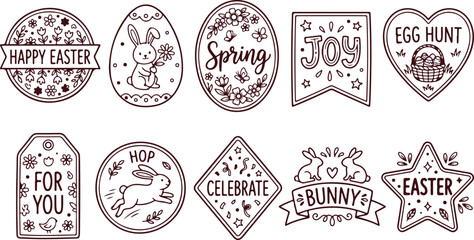 Set of cheerful Easter icons and badges with bunnies, eggs, flowers, and festive greetings. © Sadhin