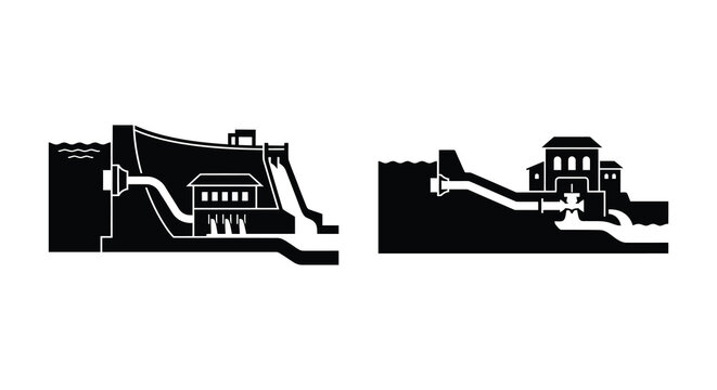 Hydroelectric dam and watermill silhouettes on white background
