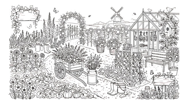 Hand drawn garden landscape coloring page vector, rustic backyard scenery with greenhouse and flowers, vintage botanical line art illustration for adults