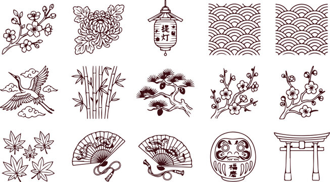 Collection of Japanese cultural elements, cherry blossoms, crane, bamboo, bonsai, lantern, fans, Daruma doll, Torii gate.
