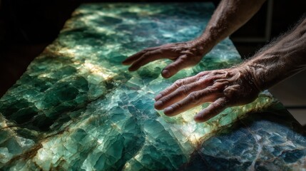 Fototapeta premium Hands touching decorative onyx slab with backlit green surface, showcasing natural emerald veining and translucent glowing stone texture