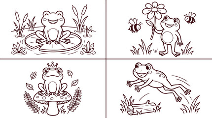 Naklejka premium Cute cartoon frog illustrations in various activities, perfect for children's books and playful designs.