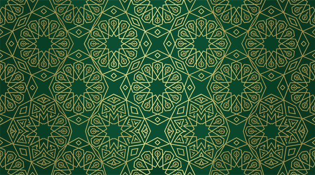 Luxury green Islamic geometric seamless pattern with elegant golden line art star mandala ornaments