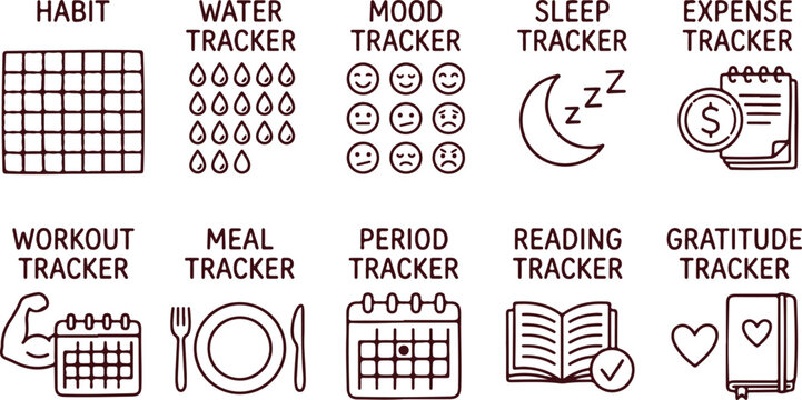 Set of planning and tracking icons, useful for journals, planners, and self-improvement apps.