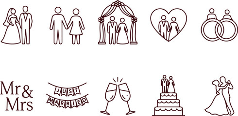 Fototapeta premium Wedding icons and symbols, bride and groom, rings, wedding cake, Mr Mrs text, just married banner, wedding ceremony, couple, love.