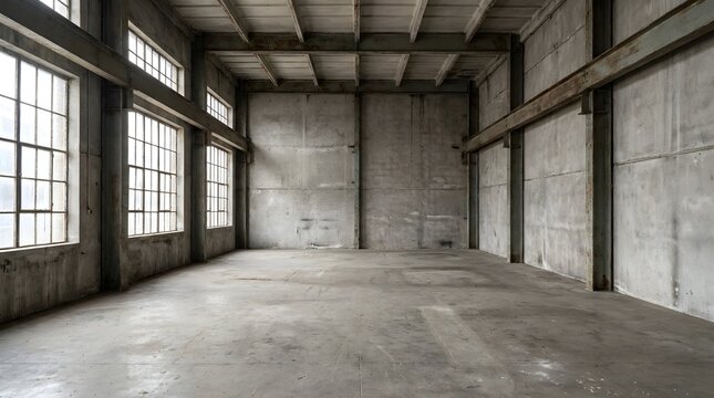 Industrial empty warehouse interior with concrete walls, spacious abandoned factory hall with large windows, minimalist urban loft background