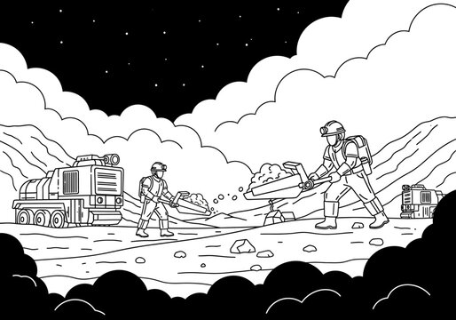 Space Mining and Astronaut Exploration on Alien Planet Coloring Page Illustration