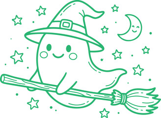 Cute cartoon ghost wearing witch hat and riding broomstick, moon and stars in night sky, Halloween theme. © Sadhin