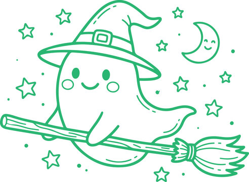 Cute cartoon ghost wearing witch hat and riding broomstick, moon and stars in night sky, Halloween theme.