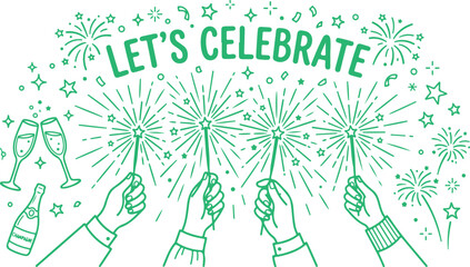 Obraz premium Let's Celebrate text with champagne glasses, bottle, fireworks, and sparklers on transparent background.