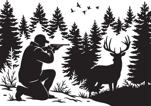 hunting, deer hunting, vector silhouette, outdoors, wildlife illustration, hunter