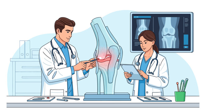 Medical Professionals Examining Knee Joint Anatomy Illustration