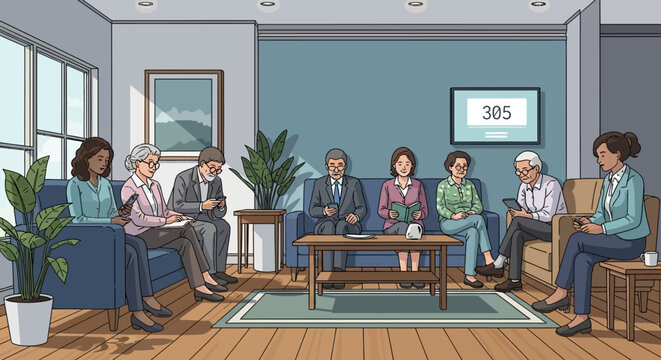 People Waiting in Clinic Lounge with Digital Devices