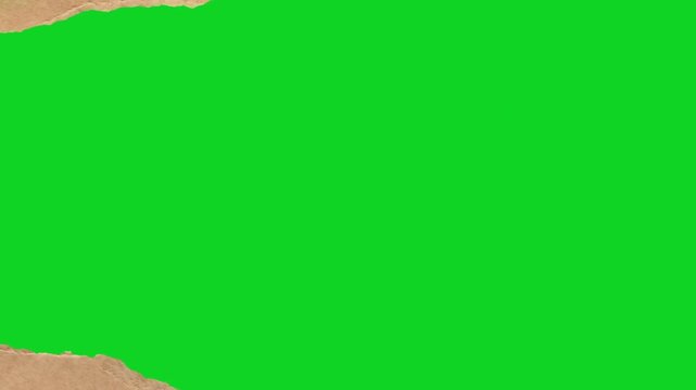 Torn brown craft paper horizontal rip revealing animated on a green screen chroma key background. It gives a high quality professional template design element for video compositing motion