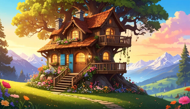 Enchanted treehouse overlooking mountains. Magical wooden treehouse with scenic landscape. Cozy fantasy treehouse vector illustration