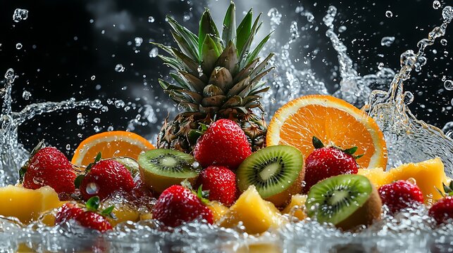 Strawberry kiwi orange pineapple splash high resolution picture