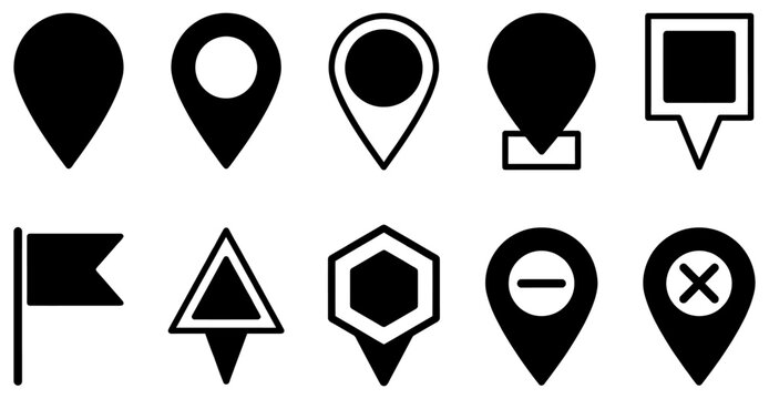 A collection of various black location markers map pins destination icons navigation symbols and geographic pointer signs arranged in two horizontal rows displaying diverse geometric shapes