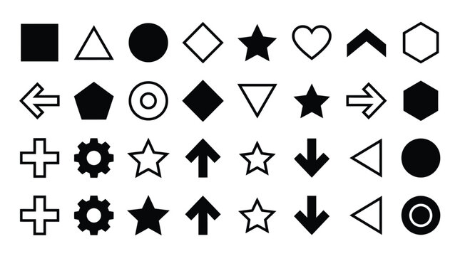 Collection of diverse geometric shapes including solid black stars circles triangles arrows plus signs hearts and hexagons arranged in a clean grid pattern to display various simple graphic elements o