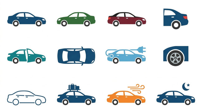 Collection of Various Car Icons and Illustrations.