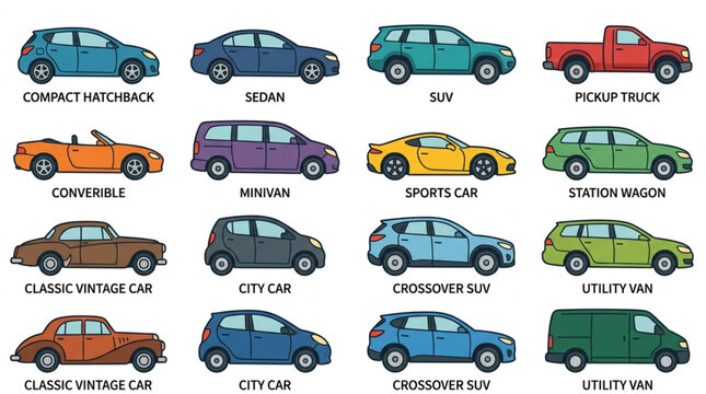Collection of various car types and vehicles.