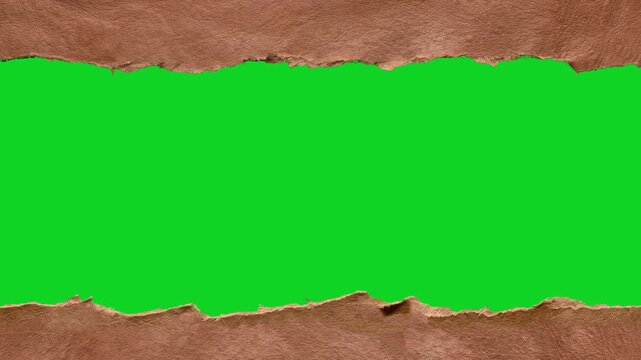 Curled brown leather vertical peel action revealing animated on a green screen chroma key background. It gives a high quality professional template design element for video compositing motion