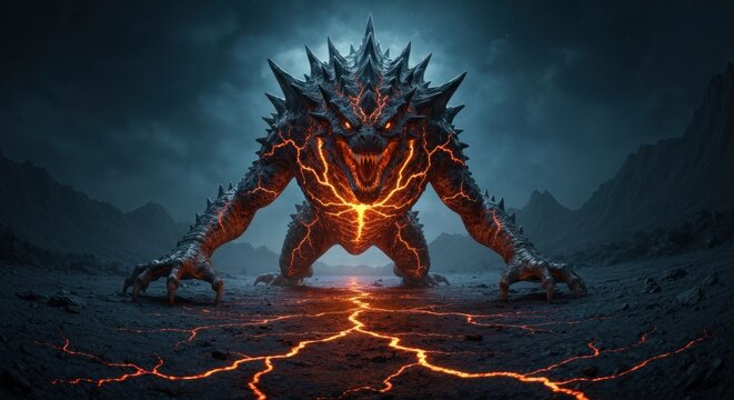 Mythical creature with glowing orange veins.