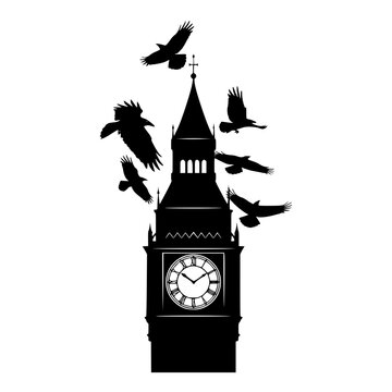 Silhouette of Big Ben Clock Tower with Flying Ravens in London