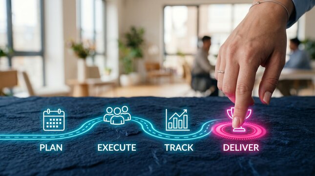 Business professional hand pressing digital strategy button on futuristic interface with plan execute track deliver workflow