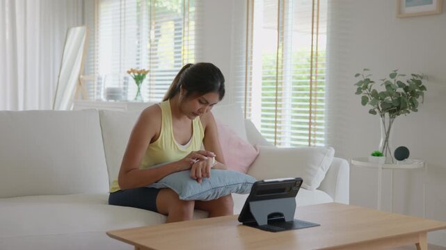 Agentic AI smart IOT watch sport wrist wear collect bio ECG heart rate data sleep record health care device digital internet of things app. Asia people woman urban tech life better home future living.