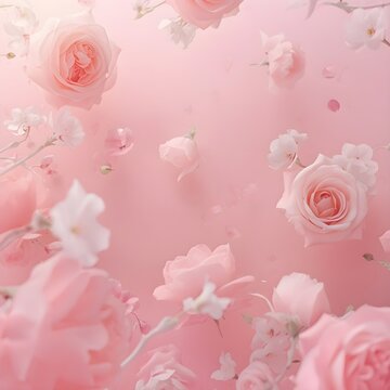 Pink floral background with soft roses and petals for romantic or decorative themes