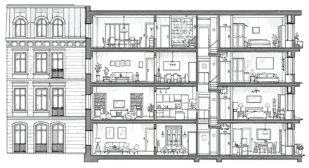 Obraz premium Architectural Cross Section of Apartment Building Vector Illustration