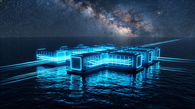 Floating modular data center at night with glowing blue lights under starry sky, futuristic digital infrastructure concept