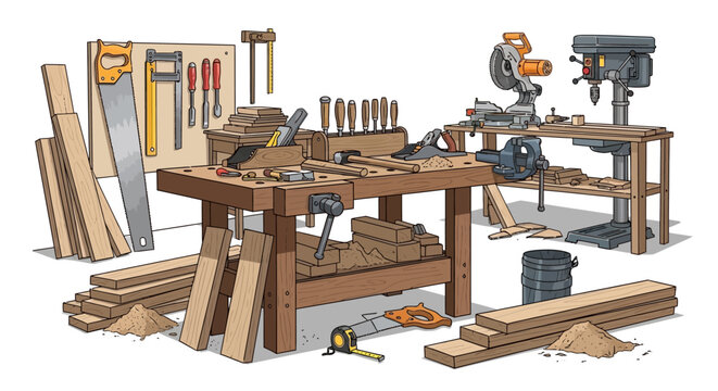 Detailed illustration of a woodworking workshop with various tools and materials.