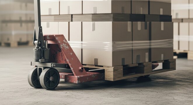 Pallet jack moving cardboard boxes wrapped on wooden pallet in warehouse