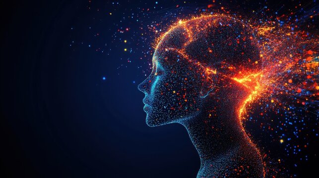Digital consciousness concept with glowing neural network, artificial intelligence, human head profile