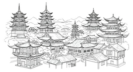 Naklejka premium Ancient Asian Temple Village Architecture Vector Illustration Sketch