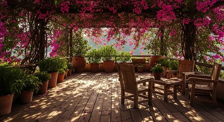 Obraz premium A beautiful outdoor wooden patio covered by a vibrant pink bougainvillea pergola, with potted plants and a seating area bathed in dappled sunlight.