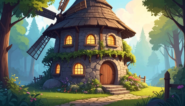 Misty stone mill cottage with glowing forest windows. Round rustic tower amid ivy trees and soft morning light. Cozy rural shelter for fantasy village poster art