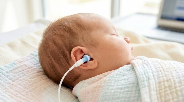 Newborn infant receiving otoacoustic emission hearing screening in clinic