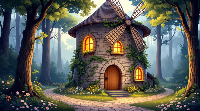 Close stone mill tower with warm windows in deep woods. Misty forest path surrounds an ivy covered round home. Fairy tale cottage for rustic nature wall art
