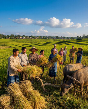 a serene landscape of a rice paddy during harvest season with ethnic people