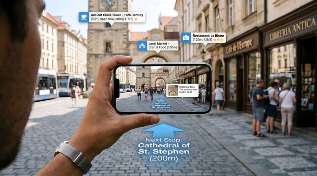 Hand holding smartphone showing augmented reality navigation with landmarks, ratings, and directions overlay in historic city street, concept of AR travel guide and smart tourism technology.