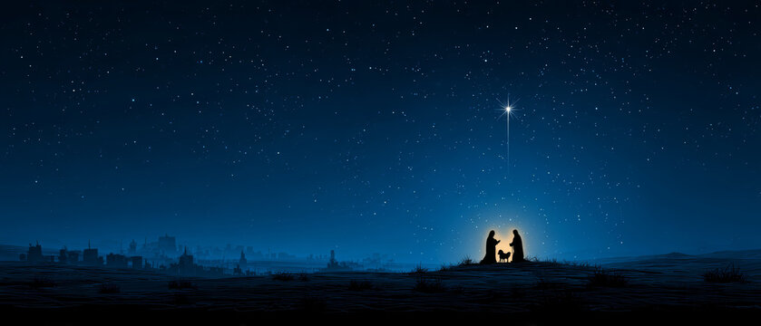 Nativity holy family silhouette baby halo light sacred night sky star over bethlehem peaceful worship scene